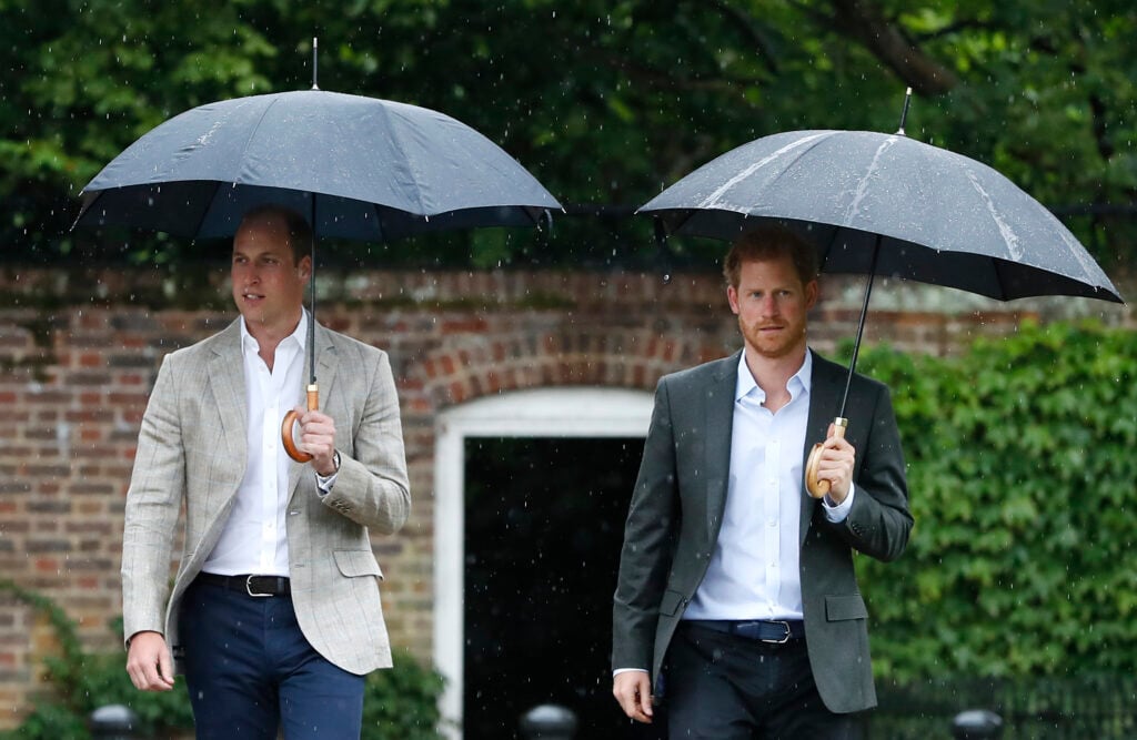 Prince Harry and Prince William under umbrellas.