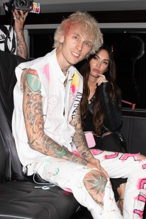 Machine Gun Kelly & Megan Fox are both seen leaving a celebration dinner of his new album “ Tickets to my downfall “ at The Dream Hotel. 24 Sep 2020 Pictured: Machine Gun Kelly & Megan Fox. Photo credit: iamKevinWong.com / MEGA TheMegaAgency.com +1 888 505 6342 (Mega Agency TagID: MEGA703104_004.jpg) [Photo via Mega Agency]