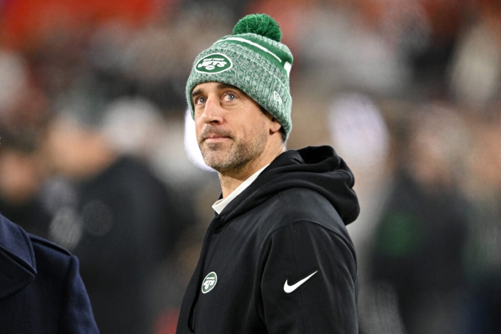 Aaron Rodgers #8 of the New York Jets looks on prior to playing the Cleveland Browns at Cleveland Browns Stadium on December 28, 2023 in Cleveland, Ohio.