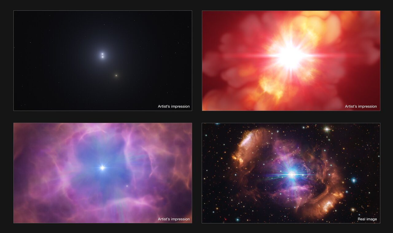 An artist’s impression of the stages of the stellar merger, from closely orbiting (top left) to collision (top right) to ejecting material (bottom left) to the bipolar nebula and double-star system we see today (bottom right).