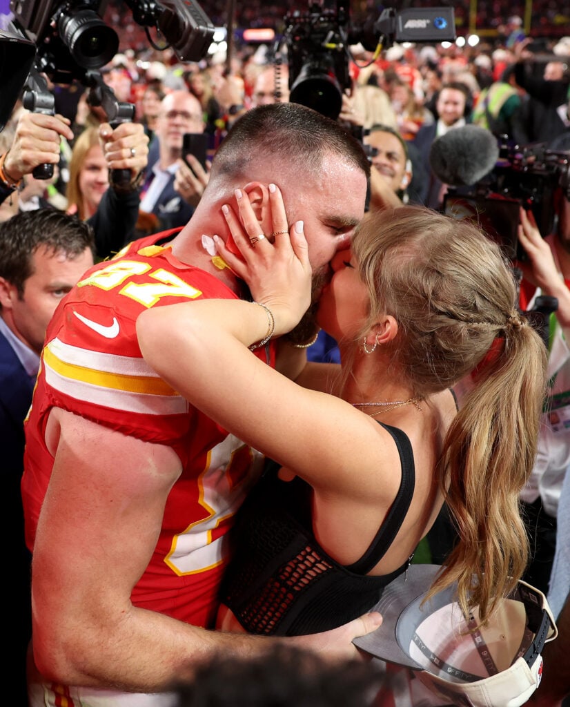 Taylor Swift kisses Travis Kelce after his Super Bowl win in February 2024.