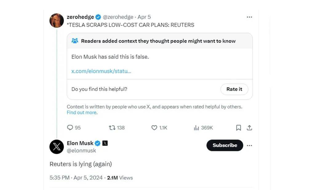 X post by Elon Musk made on April 5, 2024